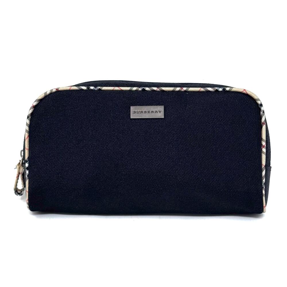 Burberry Black Canvas Zip Cosmetic Pouch with Check Trim